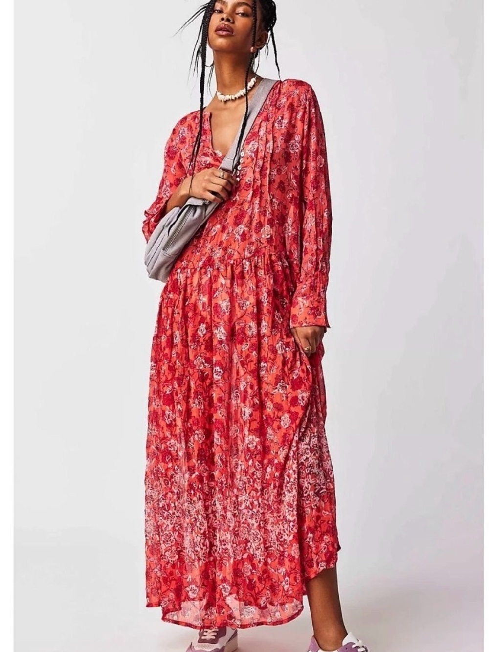 Free People Red Floral V-Neck Long Sleeve Maxi Dress
